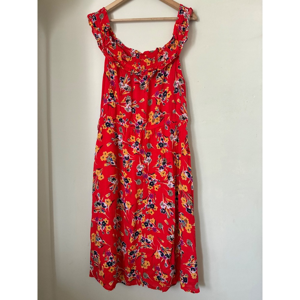Anthropologie Conversations Red Floral Off Shoulder Ruffle Midi Dress Size 14